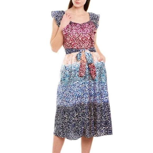 NWT Julia Jordan Short Flutter Sleeve Mixed Dot Twill Waist Tie Dress - Picture 2 of 15